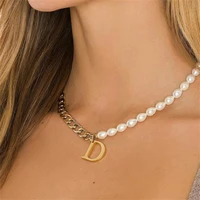 customized 26 initial letter pearl necklace personalised stainless steel cuban chain pearl necklace for women jewelry gifts