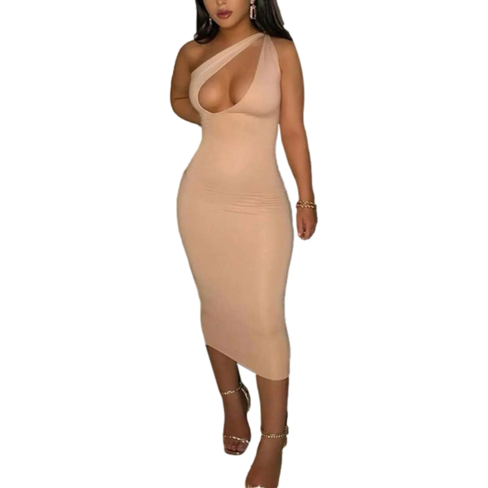

Summer Women Close-fitting Sexy Dress Solid Color Off-the-shoulder Casual Sleeveless Dresses Black Khaki Red