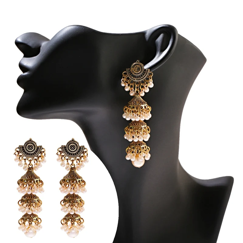 

2020 Women's Gold Carved Bells Earrings Bijoux Vintage Bohemia Pearl Beaded Tassel Long Earrings Ethnic Tribe Indian Jewelry
