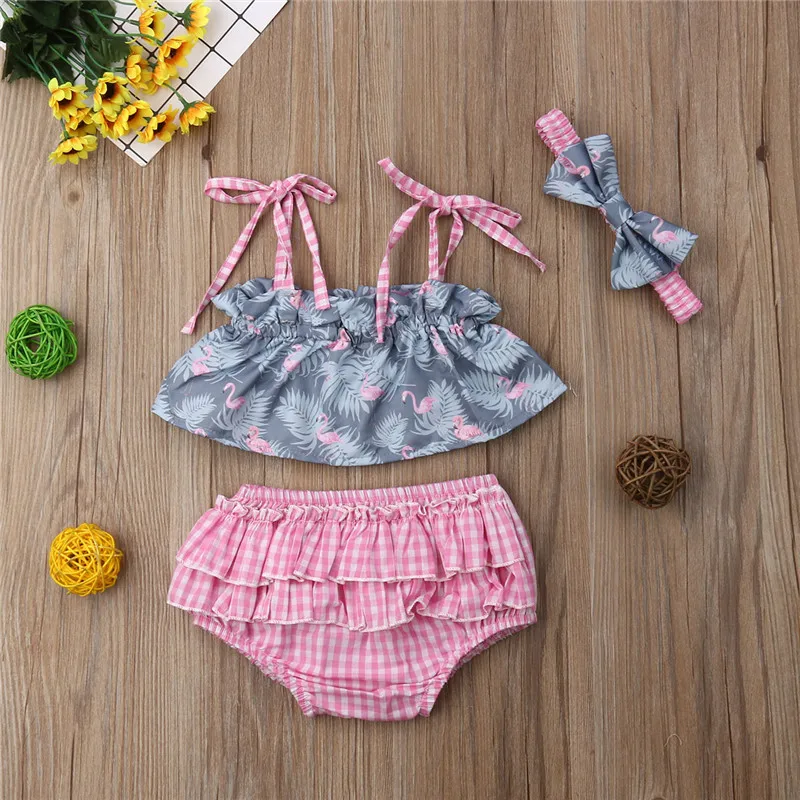 

2020 Baby Girls Summer Clothing Sets 3pcs Sleeveless Crop Tops + Plaid Shorts Outfits Sunsuit Baby Girl Casual Clothes Set 0-24M