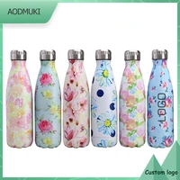 flower pattern 500mlthermos insulated vacuum stainless steel water bottles thermoses cup outdoor sports flask customization logo