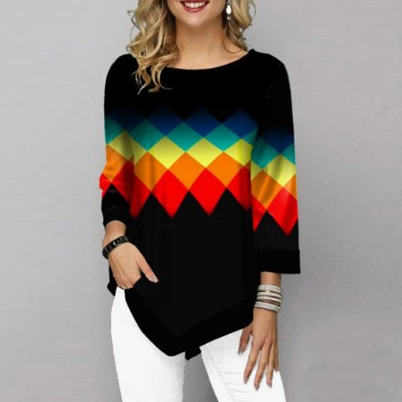 

Plus Size 5XL Women Blouse Shirt Milk-Silk Female Autumn Print Shirts Tops 3/4 Sleeve Elasticity Splice Casual Ladies Blouses