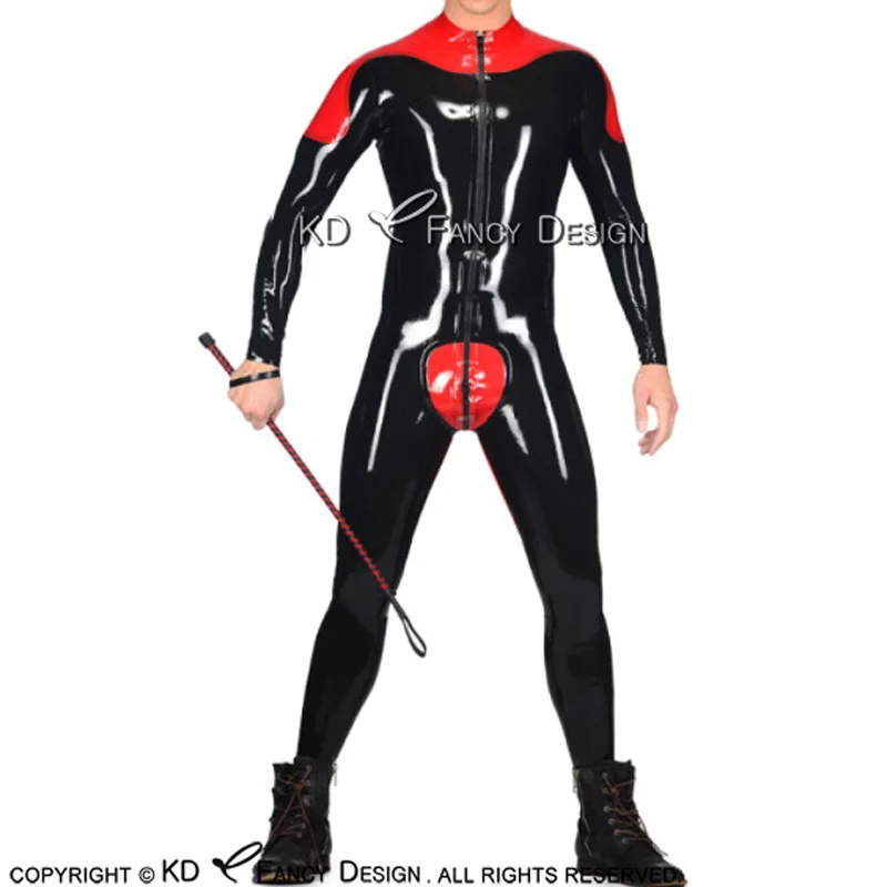 

Sexy Latex Catsuit And Red Decoration On Shoulder Long Sleeves With Feet Rubber Bodysuit Zentai Overall Body Suit LTY-0163