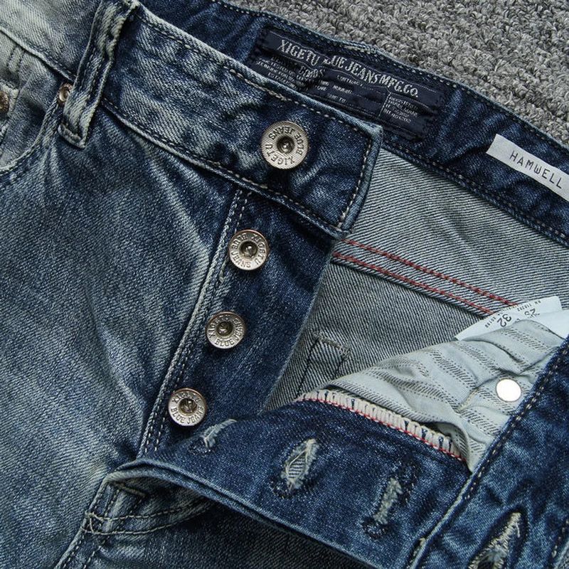 Мужские классические джинсы синие зауженные в итальянском стиле Белый Потертый