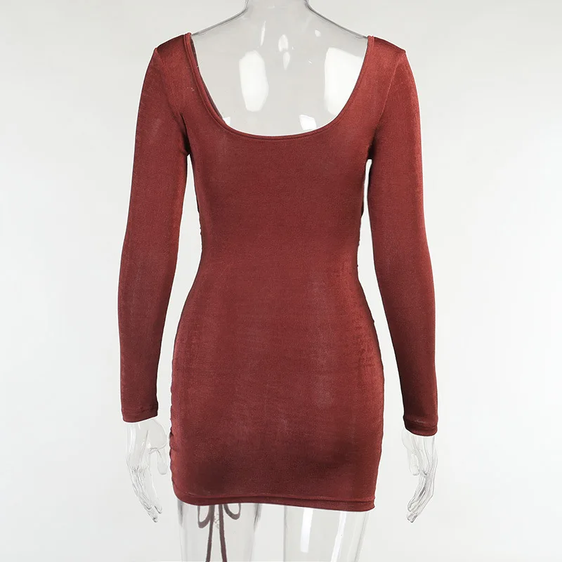 

2021 Fall Women Long Sleeve Deep V-neck Lace-up Bustier Mini Bodycon Dress Sexy Solid Knit Drawstring Ruched Cut-out Wrap Dress
