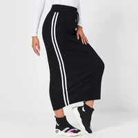 maifun new summer womens elastic black skirt drawstring webbing knitted striped long casual sexy all match bag hip calf skirt
