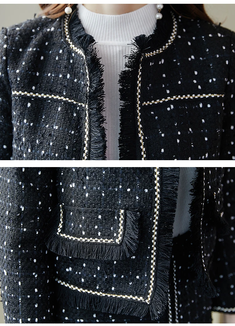 

Vintage Ladies Tweed Women 2 Piece Skirt Suits Sets Autumn Winter Long Sleev Coat + Mini Skirt Suits Outfits Office Elegant Sets