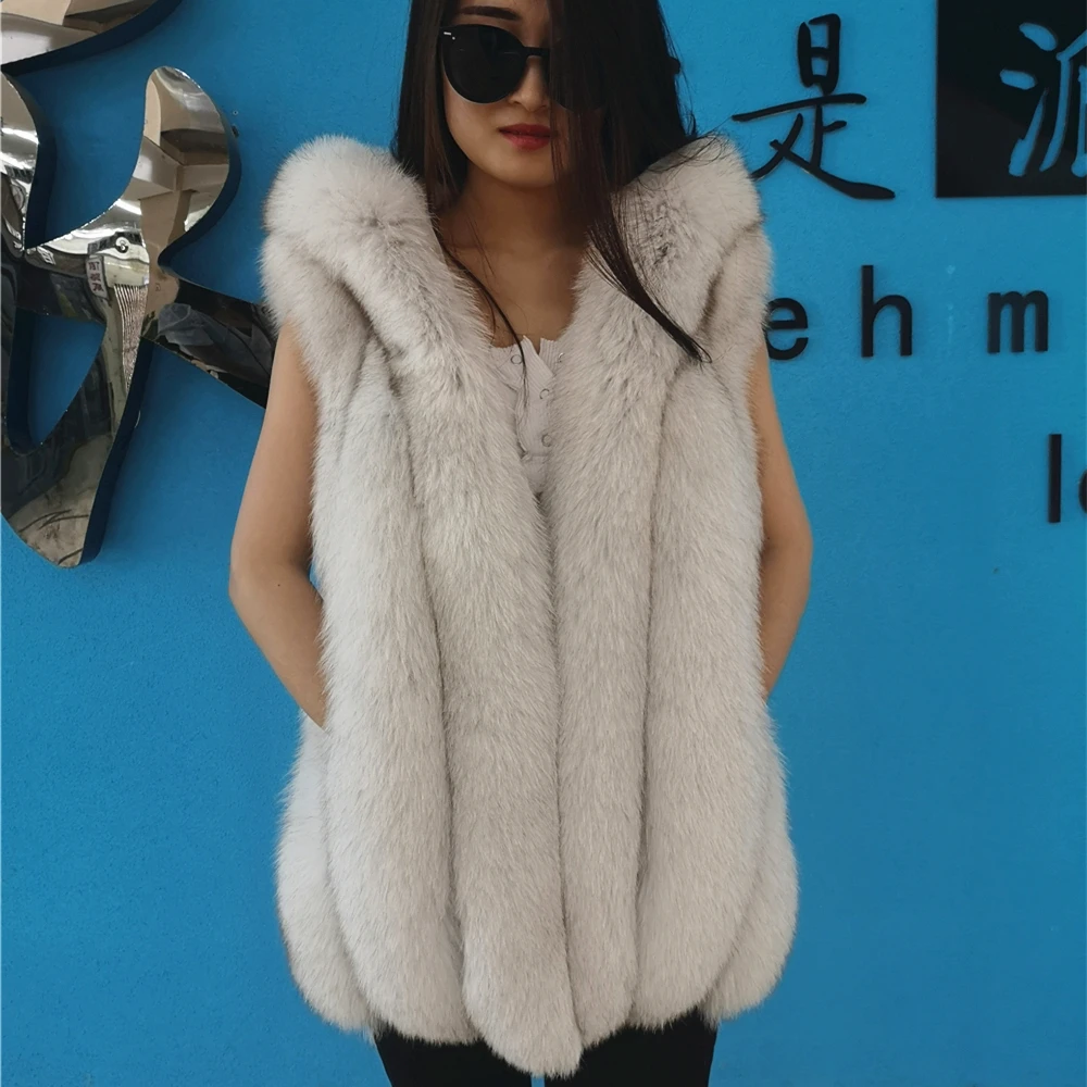 Женский жилет с капюшоном из натурального Лисьего меха безрукавка без рукавов