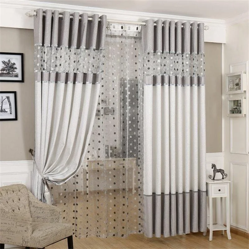 Серебристо-серые европейские роскошные шторы с вставкой "птичьего гнезда" и вышивкой на тюле для гостиной, кухни, спальни.