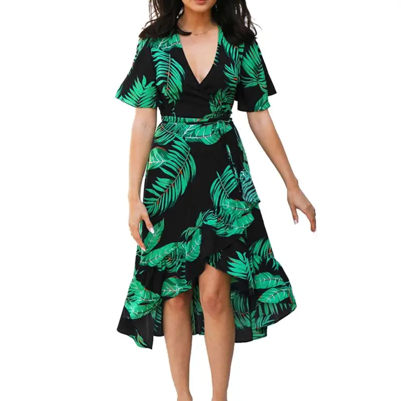

Платье женское шифоновое средней длины с рукавами-фонариками, в стиле бохо, с принтом тропических листьев, с поясом, с высокой талией, с разр...
