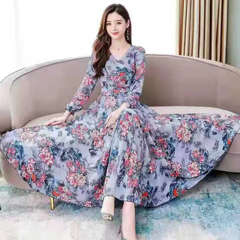 

Long Sleeve Dress 2021 New Women's Floral Print Mid Long Vestido