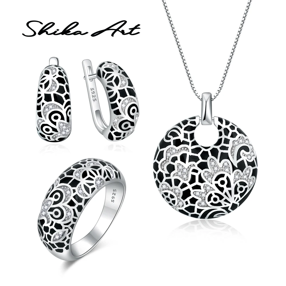 Женский комплект украшений SHIKA ART Комплект из серебра 925 пробы с черным цветком