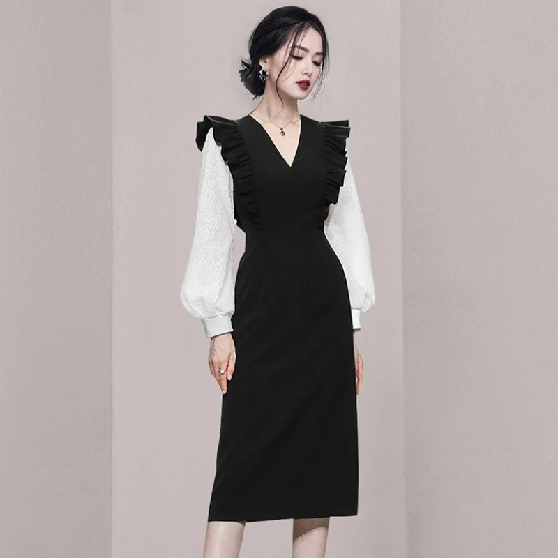 

Workplace Lightly Mature Fake Two-Piece Dress Design Sense Niche Long Sleeve Women's Clothing Mid-Length Waist-Tight Slim-Fit