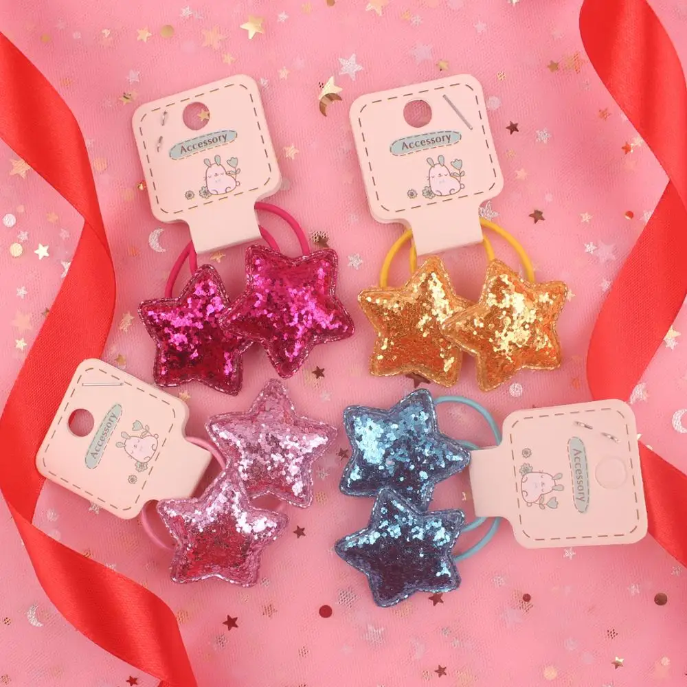 2019 new Glitter powder Star 10 colors beautiful kids rubber band elastic hair bands ponytail holder head rope 2pcs/lot | Детская одежда