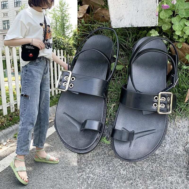 

Summer Roman sandals fairy trend 2020 summer students wild thick bottom fashion flat shoes clip toe belt buckle sandals Z662