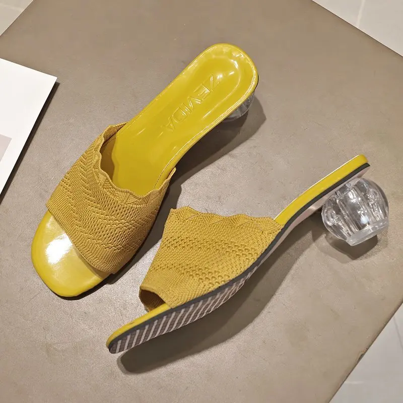 

Knit Slippers Women Summer Shoes 2021 Fashion Round Ball Heel Open Toe Designer Sandals Women Indoor Outside Slides