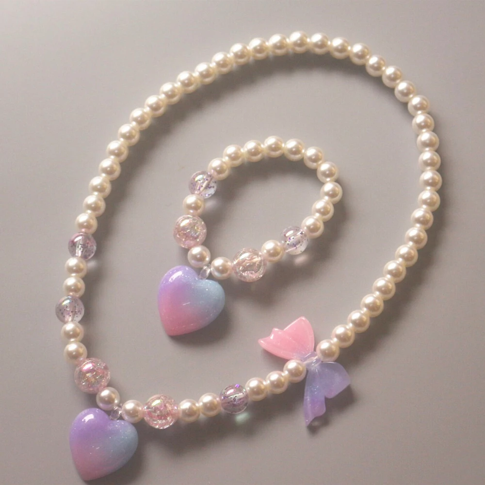

Cute Children Pearl Necklace Bracelet Heart Star Glitter Girls Princess Beaded Jewelry Set Festival