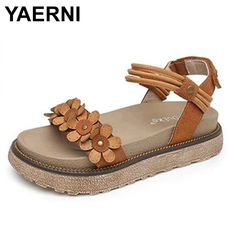 

YAERNIWomen Platform Sandals Flower Wedge Heel Sandals Summer Women Genuine Leather Shoes Roman Sandals Lady Slipper Shoes Large