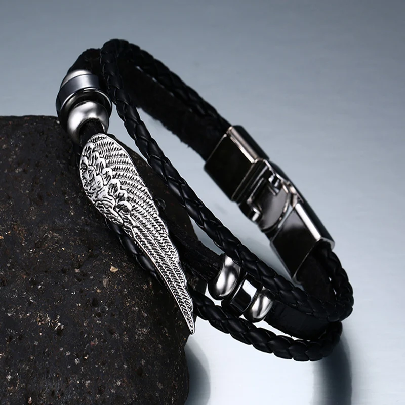 Korean Version Of Stainless Steel Accessories Multi-layer Braided Leather Angel Wings Bracelet Fashion Small Jewelry For Men | Украшения и
