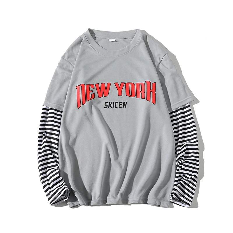 Couple T Shirt 2019 Autumn Korean Spliced Fake Two Piece Long Sleeve Tshirt Hip Hop Streetwear Tees Fitness Men's Clothing | Мужская