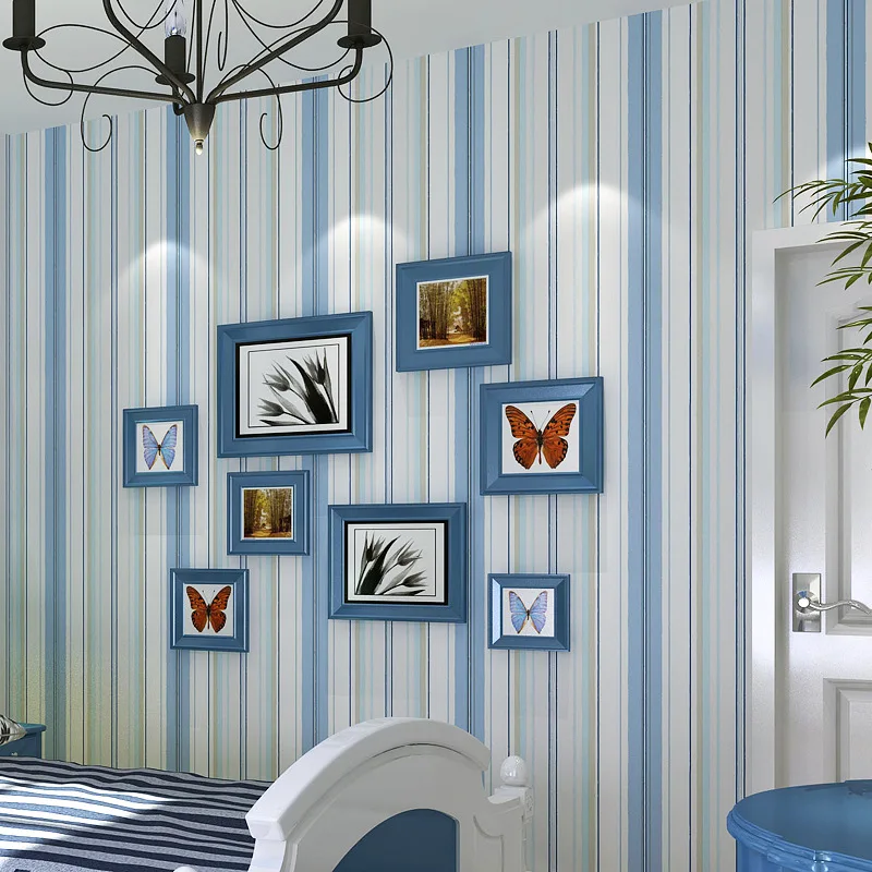 

Simple pink Mediterranean stripe kindergarten Hotel non woven wallpaper blue vertical bar children's room wallpaper U196