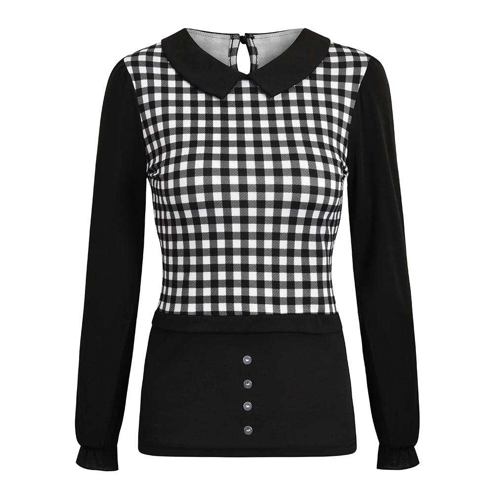 

Ladies Plaid Print Pullover Patchwork Long Sleeve Blouse for Women Puff Sleeve Turn-down Collar Tops Sheath Female Clothing D30