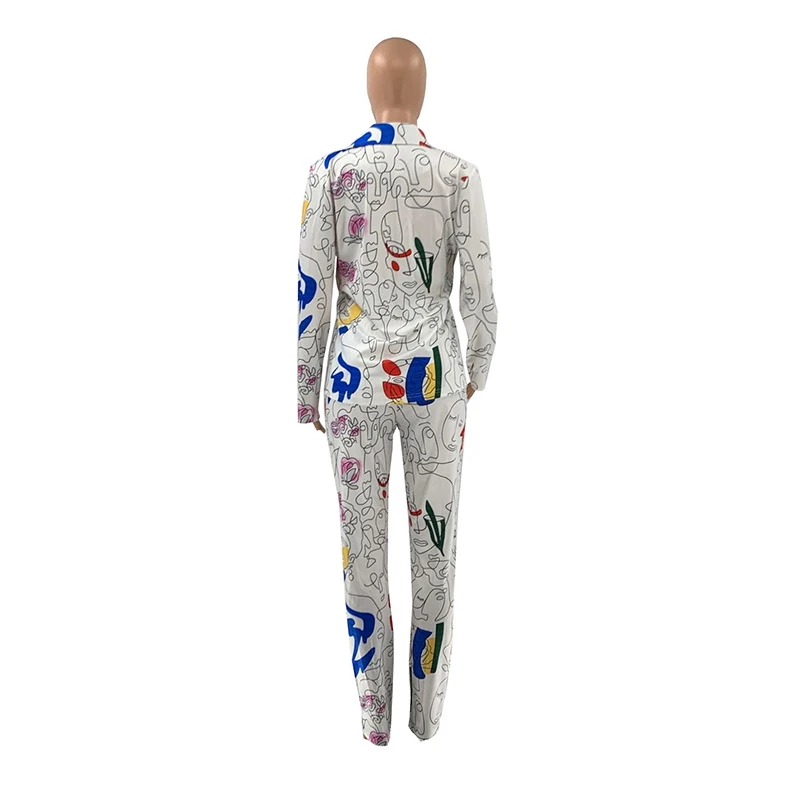 

2021 Spring New Arrival Cartoon Printed Two Piece Set Blazer And Pants Sweat Suit Sexy Casual Clothing Long Sleeve Cardigan Sets