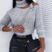 one shoulder sweater winter hanging neck strapless metal irregular long sleeved sexy solid color street hollow knitted sweater