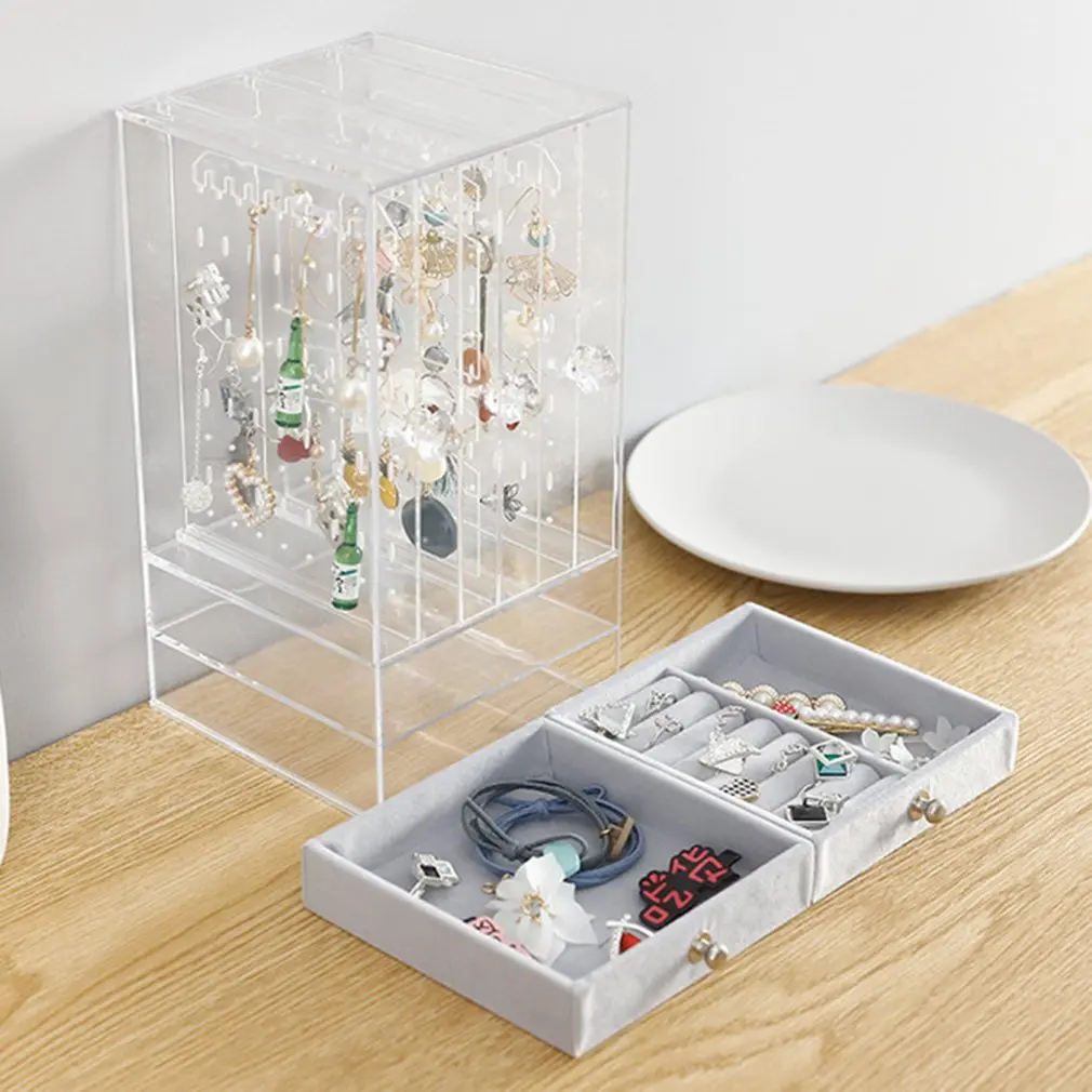 

Multifunctional Jewelry Storage Box Plastic Transparent Dust Earrings Finishing Box Desktop Vertical Lagerung Rack 1 Piece