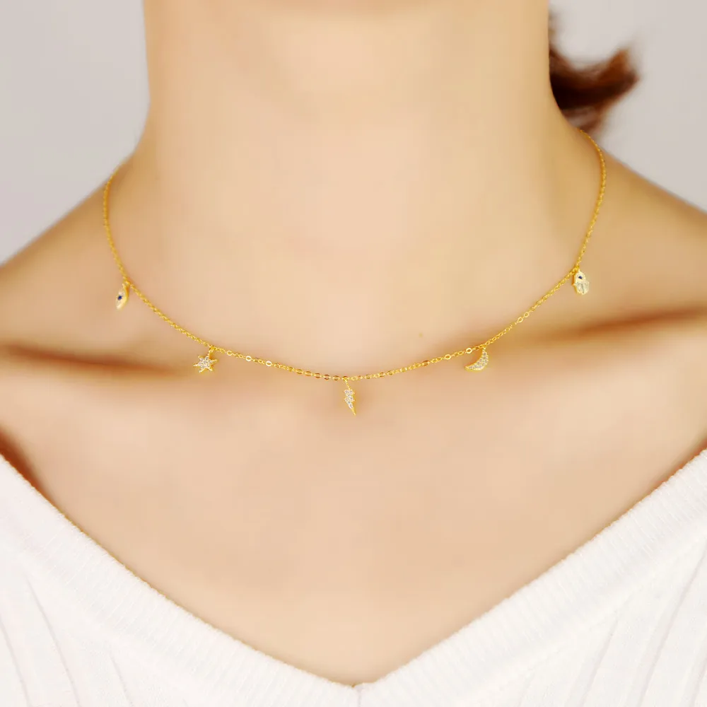 Latest pure 925 sterling silver cz mirco paved eye mini sun light moon hand charm pendant necklace gold color women wedding gift | Украшения