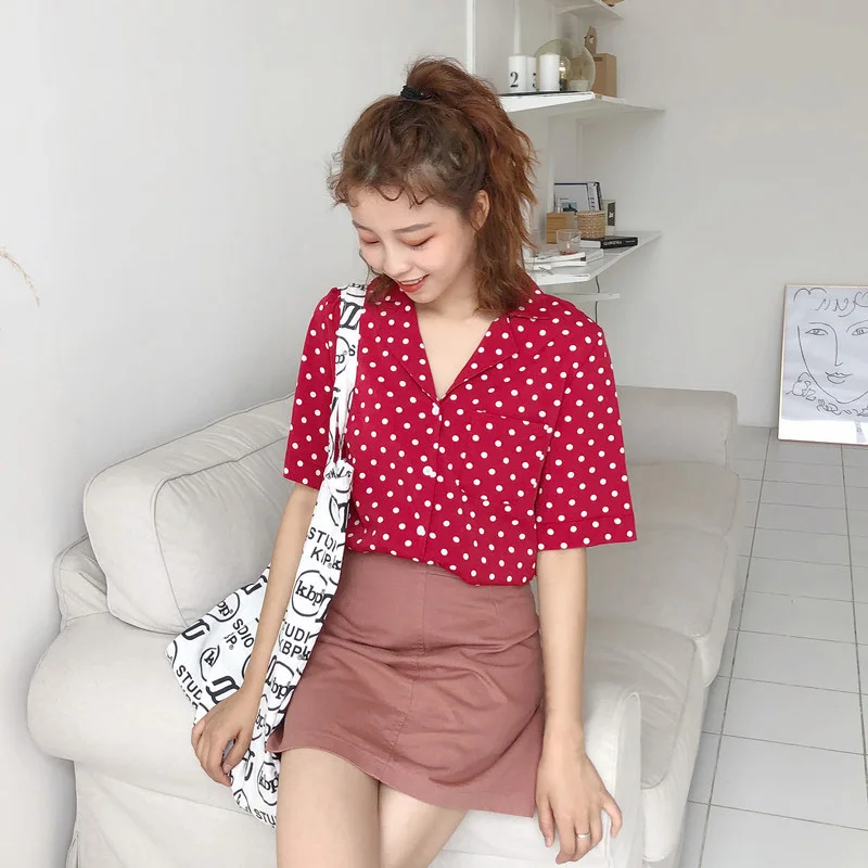 Женская блузка в горошек с коротким рукавом и отложным воротником|Блузки| |