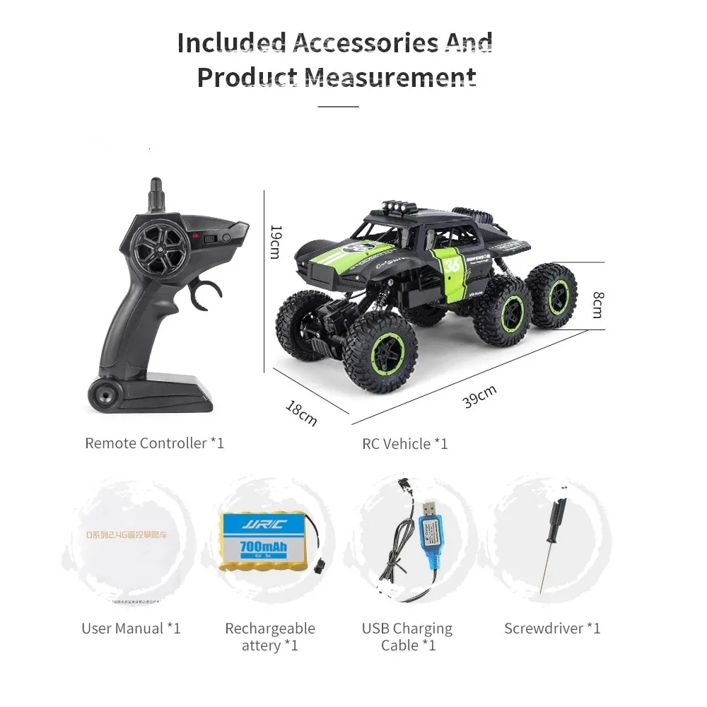 New 2.4Ghz  Climbing Car 6WD Crawler Buggy With LED Light 10km/H RC Distance  50-80 MOutdoor Toy Age 8+ 39cm images - 6