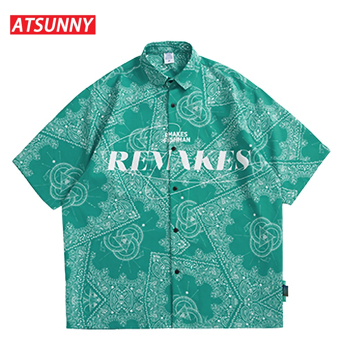 ATSUNNY  Print Short Sleeve HipHop Streetwear Casual Man Summer Fashion Hong Kong Style Shirt Tops