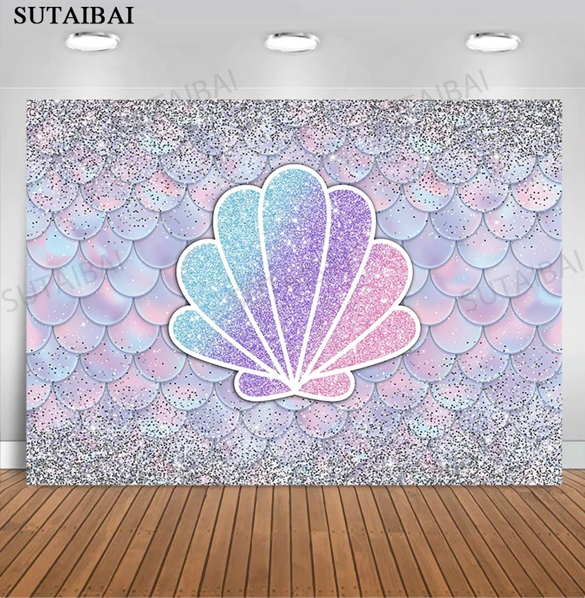 

Glitter Baby Mermaid Birthday Backdrop Purple Shiny Fish Scales Princess Portrait Background Girl Party Decorations Sliver Dots