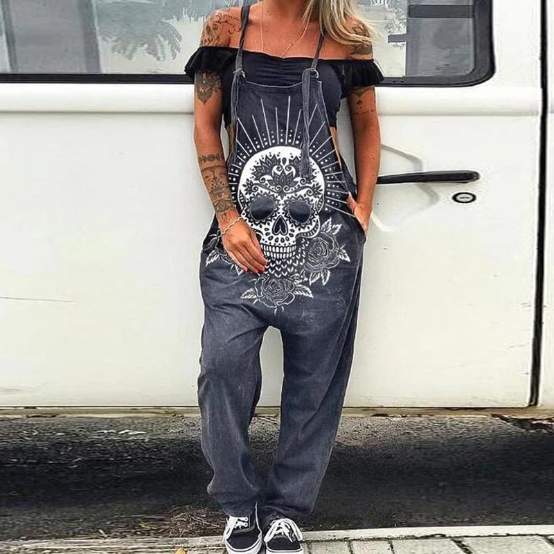 

2021 Summer Daisy Skull Print Jumpsuit Bodysuit Spring Off Shoulder Sleeveless Straps Romper Women Elegant Pocket Beach Overalls