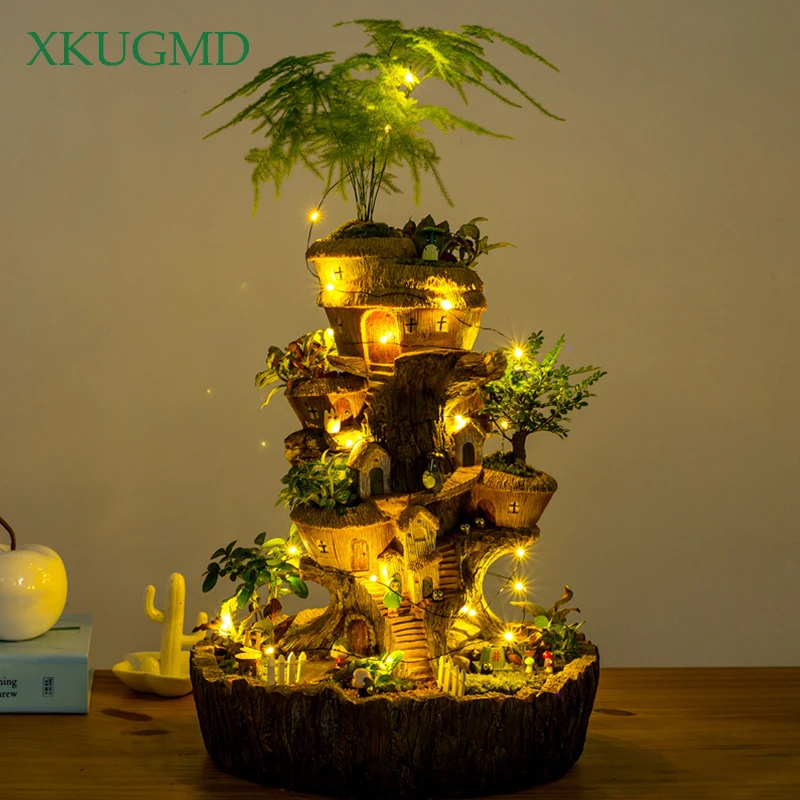 Круглая башня дерево дом цветочный горшок Солнечная лампа сочные растения