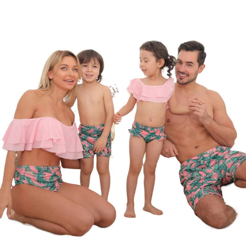 

2021 PINK Family Matching Swimwear Mother and Daughter Bikini Set Father Son Beach Shorts Baby Girl Swimsuit