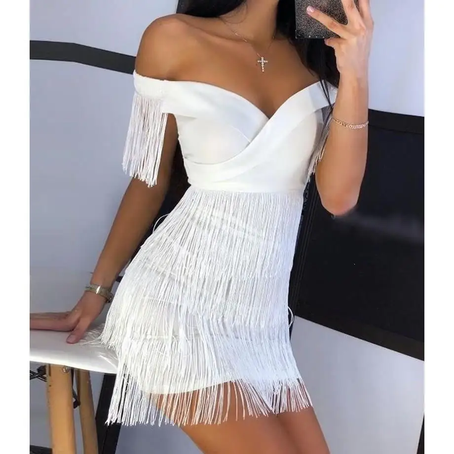 Slash Neck Fringe Pencil Dress Women Tassels Short Sleeve Mini Party High Waist Sexy Club White | Женская одежда