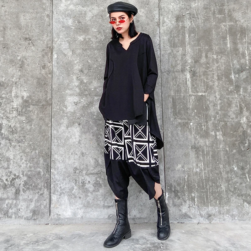 

[EAM] High Elastic Waist Black Patten Printed Long Trousers New Loose Fit Pants Women Fashion Tide Spring Summer 2021 1DD8418