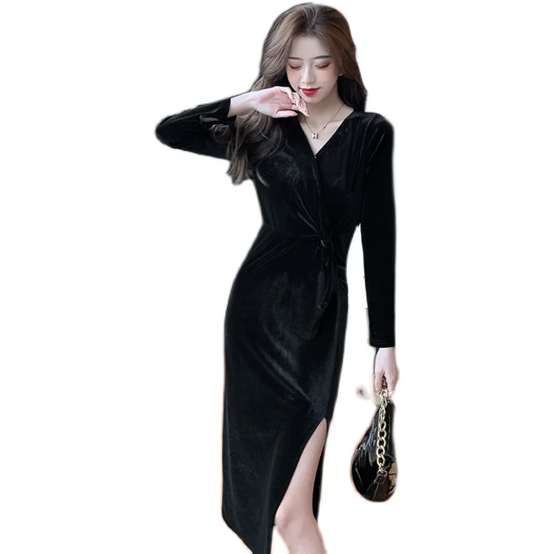 

COIGARSAM Full Sleeve Women Long dress New V-Neck Dresses Black 690
