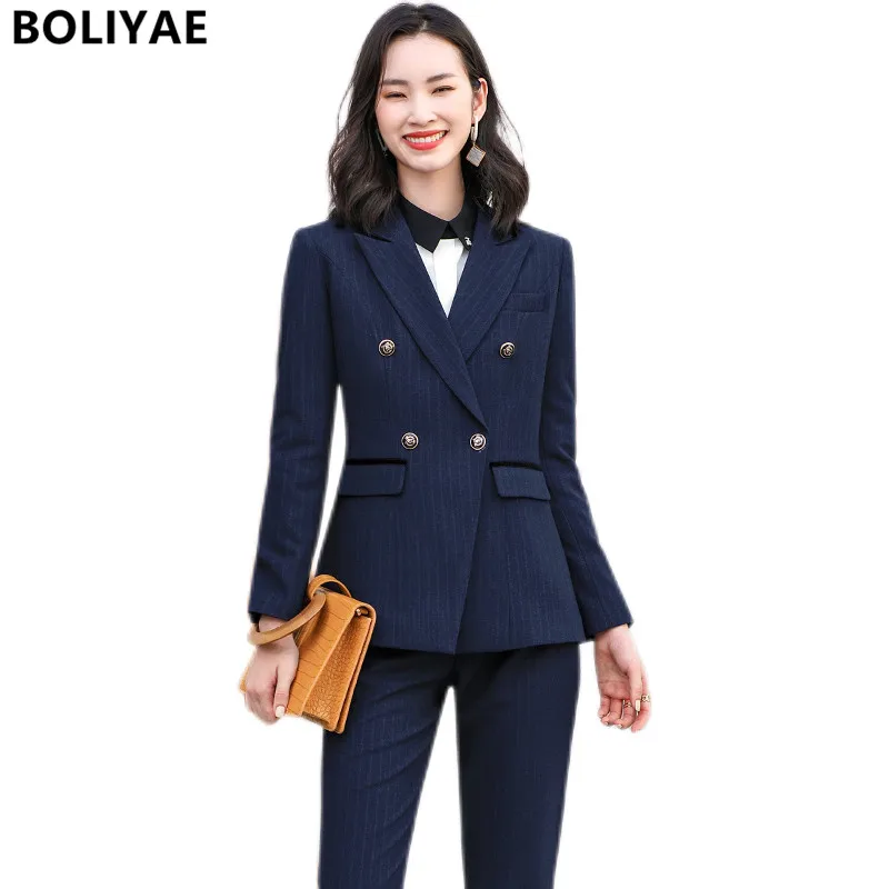 Boliyae New Spring Autumn Professional Trouser Suits Two-piece Suit Office Business Formal Blazers Fashion Black Stripe Jacket