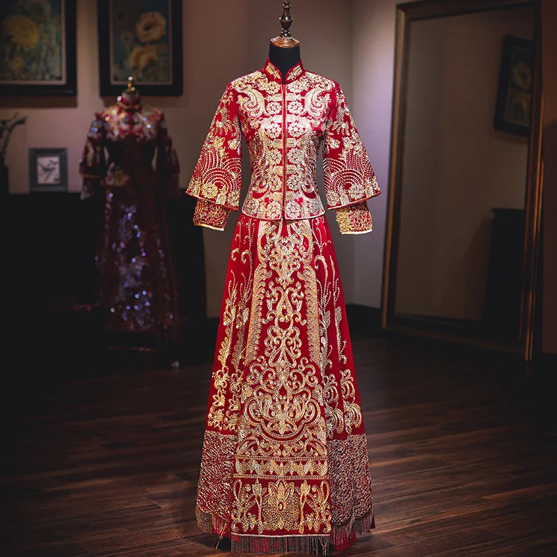 

Traditional Retro Chinese Refined Stylish Marry Banquet Cheongsam High Quality Sequins Embroidery Bride Groom Wedding Dress