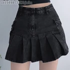Джинсовая плиссированная юбка для девочек, черная джинсовая юбка с высокой талией, с большими карманами, в стиле рок-н-ролл, одежда в стиле панк Y2K