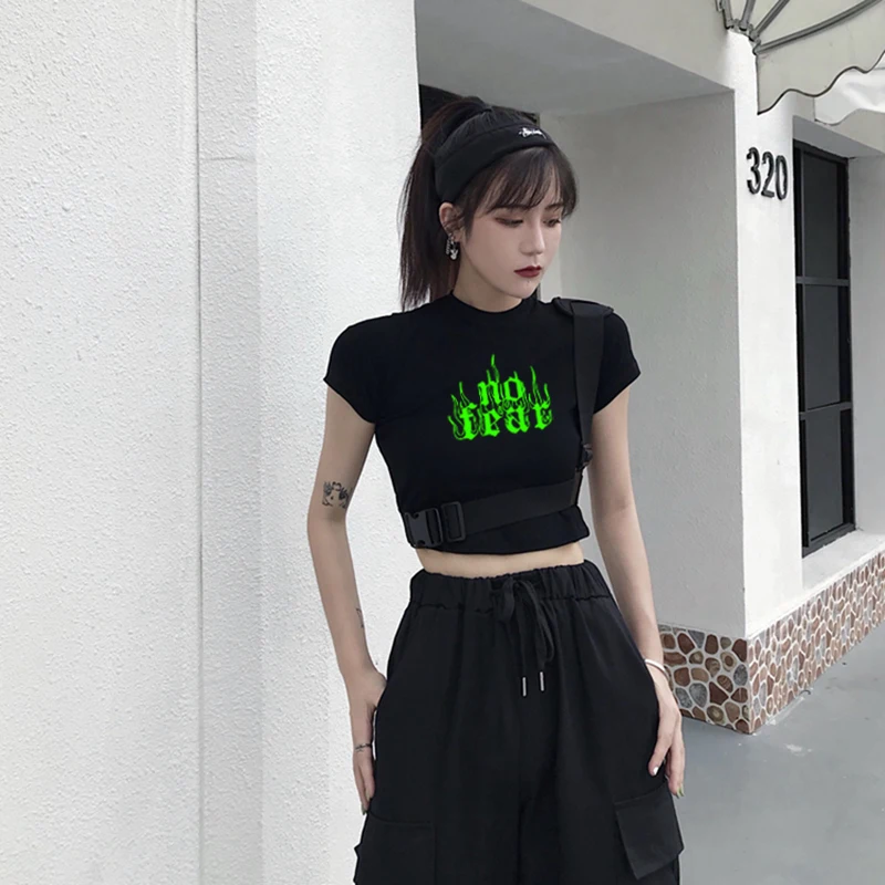 Зеленый Готический кроп топ темная уличная одежда футболки с коротким рукавом