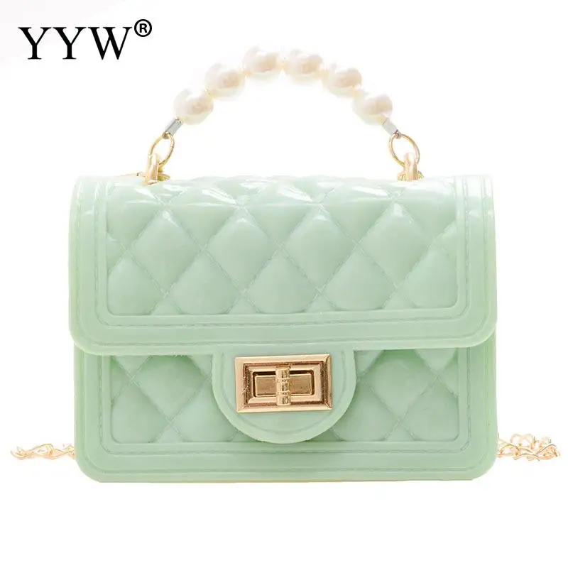 

Small PVC Box Bag Handbag with Pearl Chain Handle Women Bags Shopping Shoulder Bags Leisure Armpit Bag Vintage Top Handle Bag