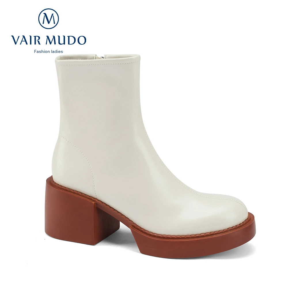 

VAIR MUDO Autumn Winter Ankle Boots Shoes High Heels White Black Concise Genuine Leather Platform Round Toe Solid ShoesWM-X127-C