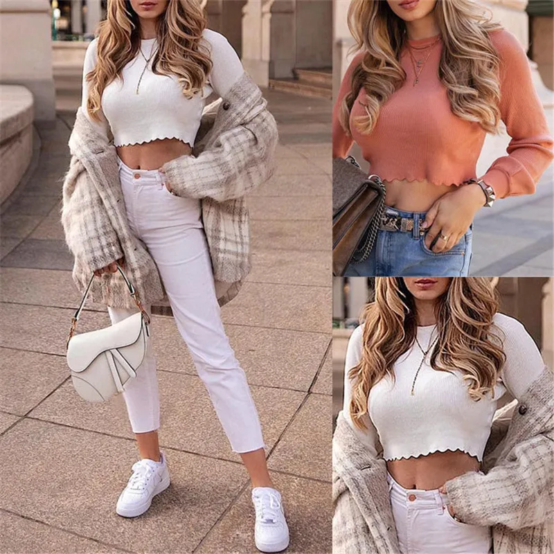

Autumn Shirt Blouse Women Fashion Sexy Long Sleeve O-neck Knitted Sweater Crop Tops Sweater Casual Pullover Jumper Slim OL Fall
