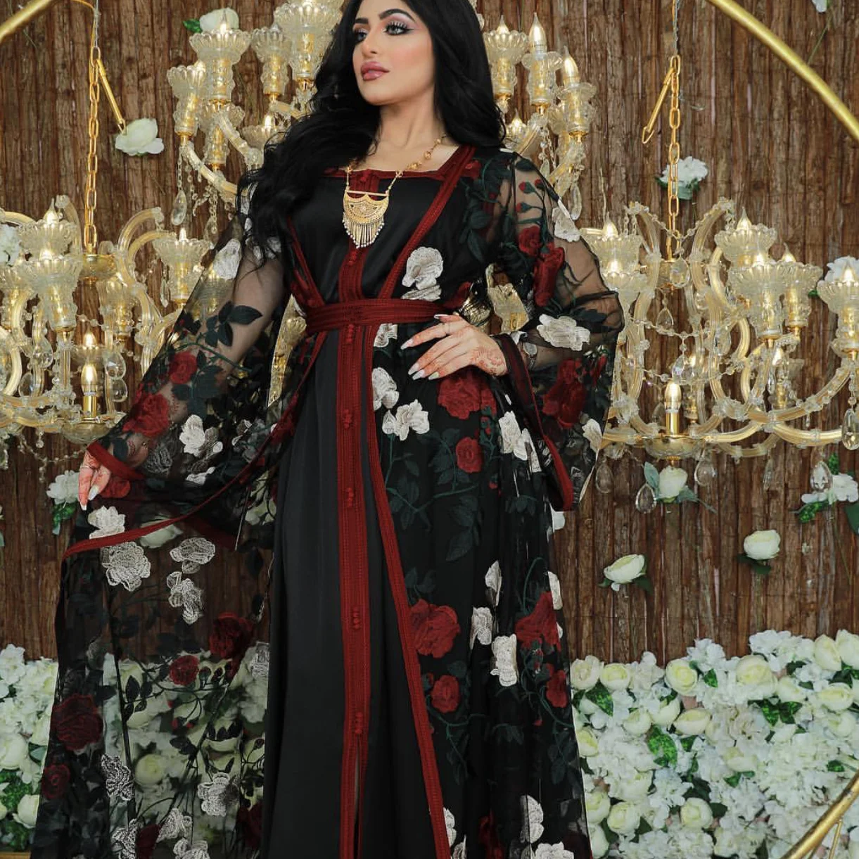 Новинка 2021, полноразмерное кружевное Сетчатое платье Ближнего Востока из Дубая, благородное платье из двух частей с вышивкой, мусульманска...