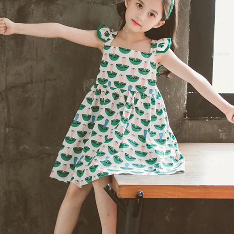 

Girls Dresses New Summer Kids Clothes Flying Sleeves Printing Halter Bowknot Fashion Party Children's Dress