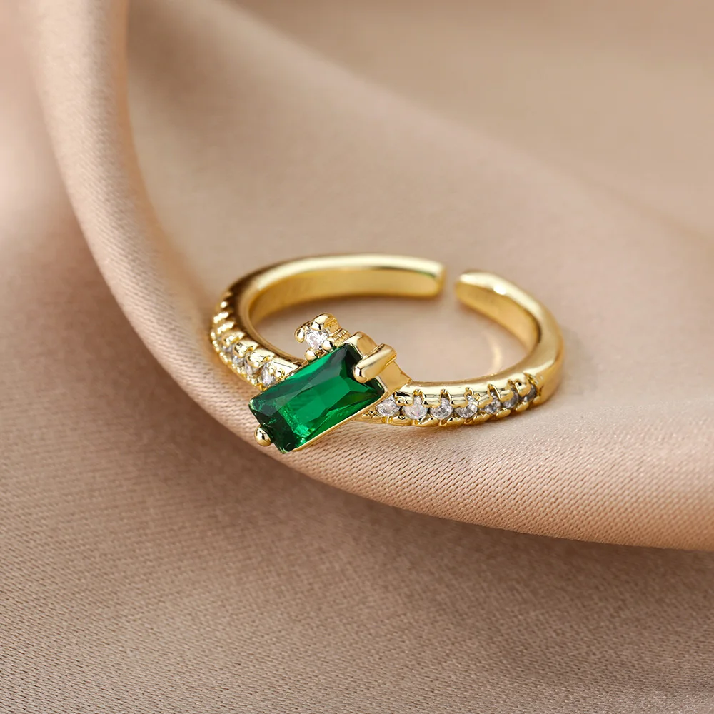 

Zircon Rectangle Green Rings For Women Stainless Steel Adjustable Plated CZ Ring Party Jewelry Gift Anillo Femme Bague 2022